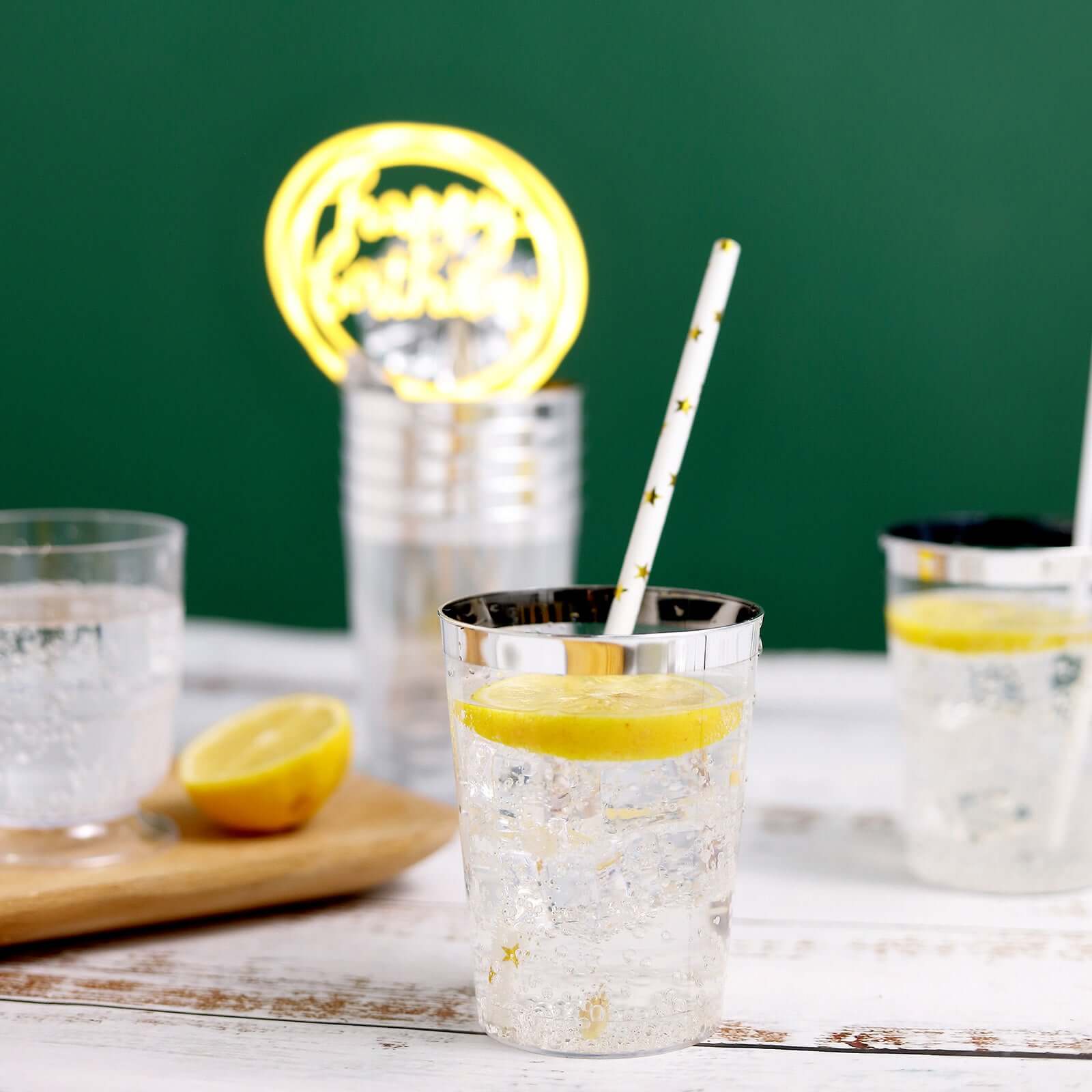 25-Pack Plastic Tumbler Cups 10oz Clear with Silver Rim - Disposable Crystal Drinking Glasses for Parties